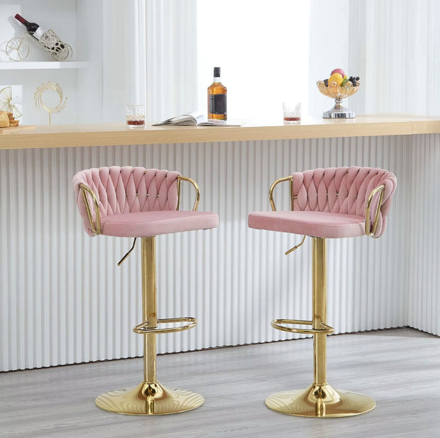 Luxe barkruk - Fluweel Barkruk - Set van 2 - Gevlochten - Hoogte verstelbaar - 360 graden draaibaar - Velvet - Gouden poot - Roze