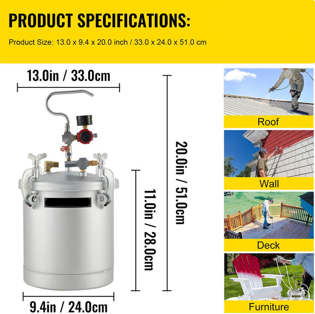 Verf Druk Pot -25-30 Psi - 10L - Met Spuitpistool - Hoogwaardige Mondstuk - Grote Capaciteit - Veiligheidsontwerp - Zwaar Uitgevoerd Mondstuk - Op Grote Schaal Gebruiken - Voor Commercieel Schilderen