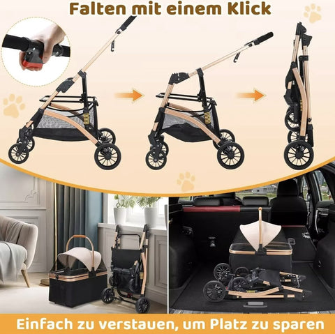 Hondenbuggy - Luxe huisdieren buggy - Buggy - Hondenwagen - Honden en katten - Opvouwbaar - Met opbergruimte - Zwart/goud