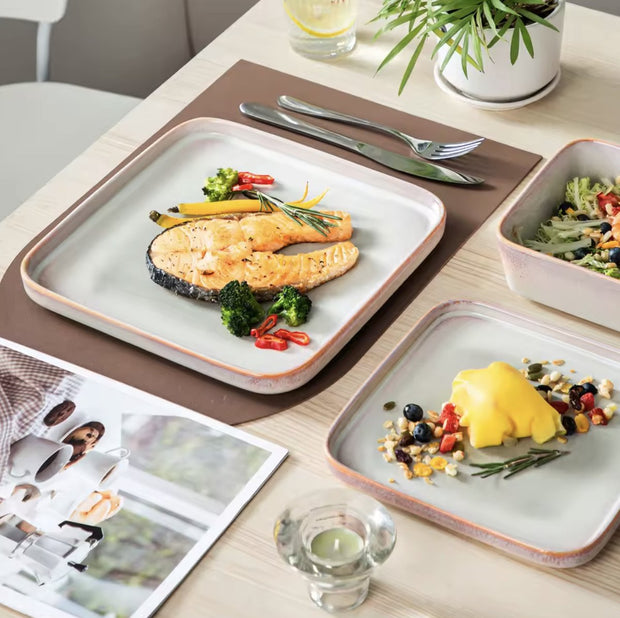 Dinnerware set white/orange - Ceramic - Square - Nevel - 8 large plates - 8 small plates - 8 bowls - 24 pieces - White - Orange