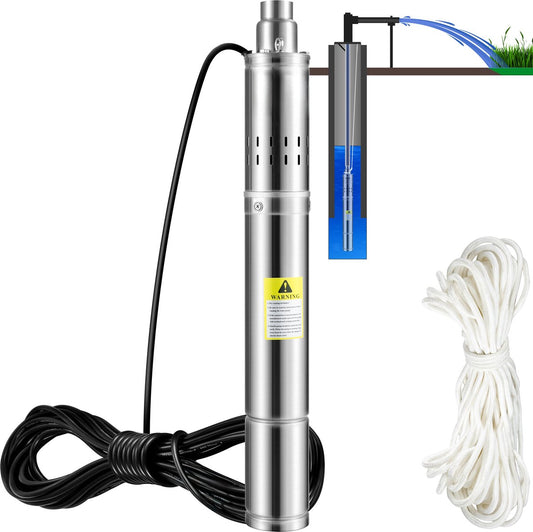 Diepe Bronpomp - Stroom 35L/min - 550W - Maximale Opvoerhoogte van 108 m - met Externe Schakelkast en 20 m Stroomkabel - met Terugslagklep en Filter - IP68 - Voor Regentonnen - Reservoirs - Kanalen - Rivieren