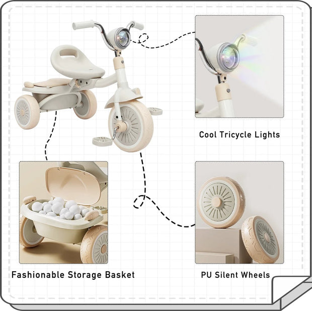 Opvouwbare Driewieler - Loopfiets met Pedalen - PU Wielen Schokabsorberend - LED Lamp - Veilig en Comfortabel - Binnen en Buiten - 1-5 Jaar - Uitgebreid Getest - Wit/Roze