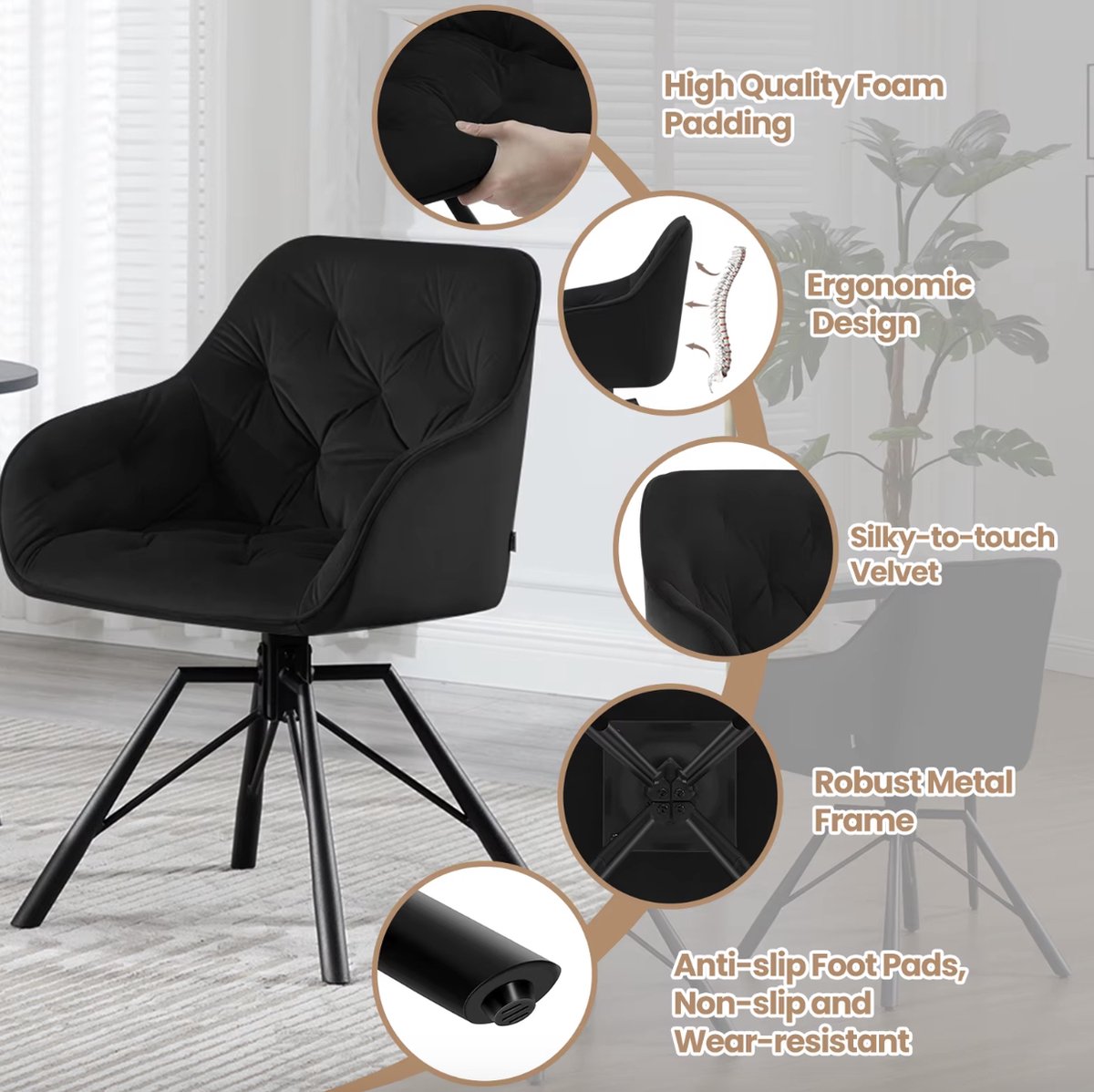 Eetkamerstoel - Set van 2 stoelen - Fluweel eetkamer stoel - Eettafel stoel - Fauteuil - Draaibaar - Velvet - Metalen poot - Zwart