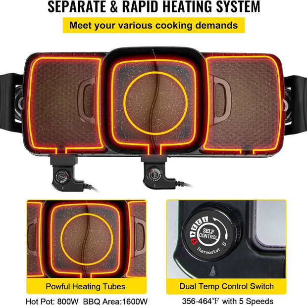 Elektrische BBQ - Pan Grill en Hot Pot - Krachtig 2400W - Draagbaar en Rookvrij - Afneembare Anti-aanbaklaag - BBQ - Gourmet - Grill - Kookgerei - Koken - Grillen