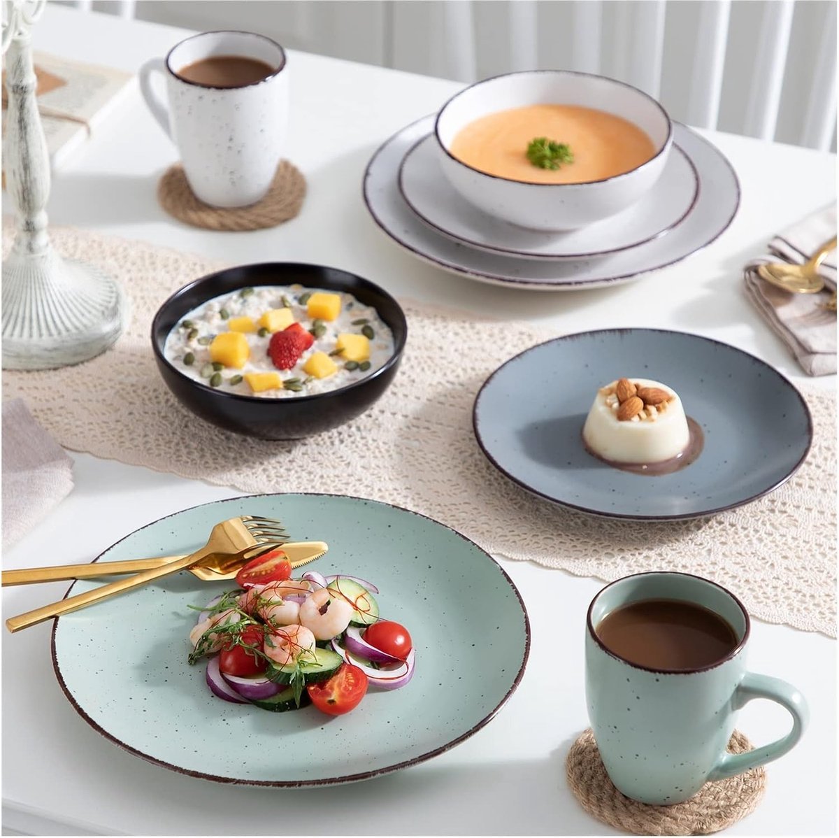 Luxe Serviesset- 32 delig – 8 persoons – Porselein - Bordenset – Dinner platen – Dessertborden - Kommen - Mokken - Mix-Kleur