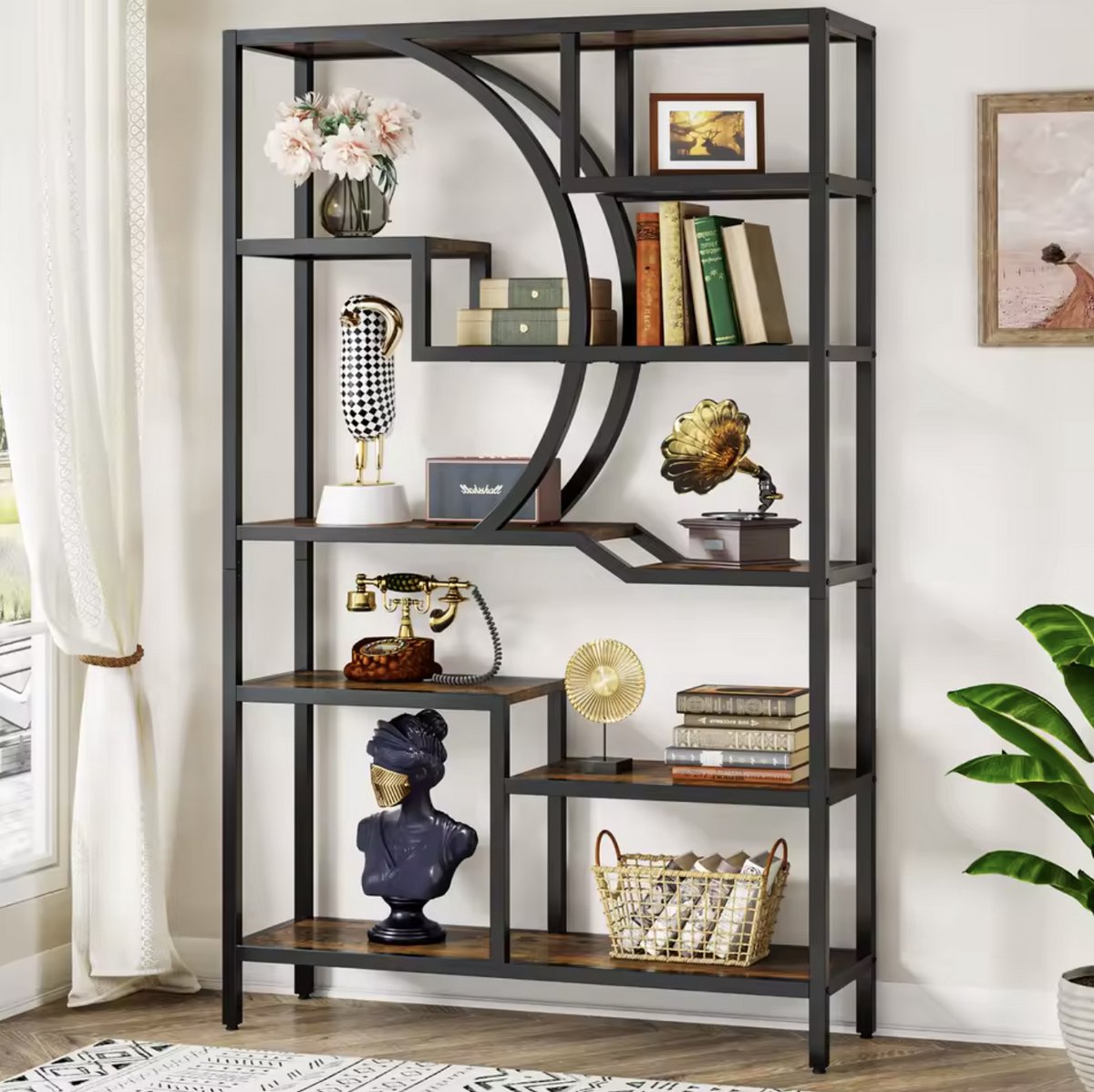 Bookcase - Shelving - Open Cabinet - Wood - 6 layers - Industrial - Black metal - Dark wood - 100x175x30