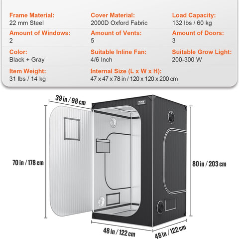 Kweektent Met Kijkvensters - 122x122x203cm - Kweektent Voor Binnen - Hydrocultuur Raamdeuropslag