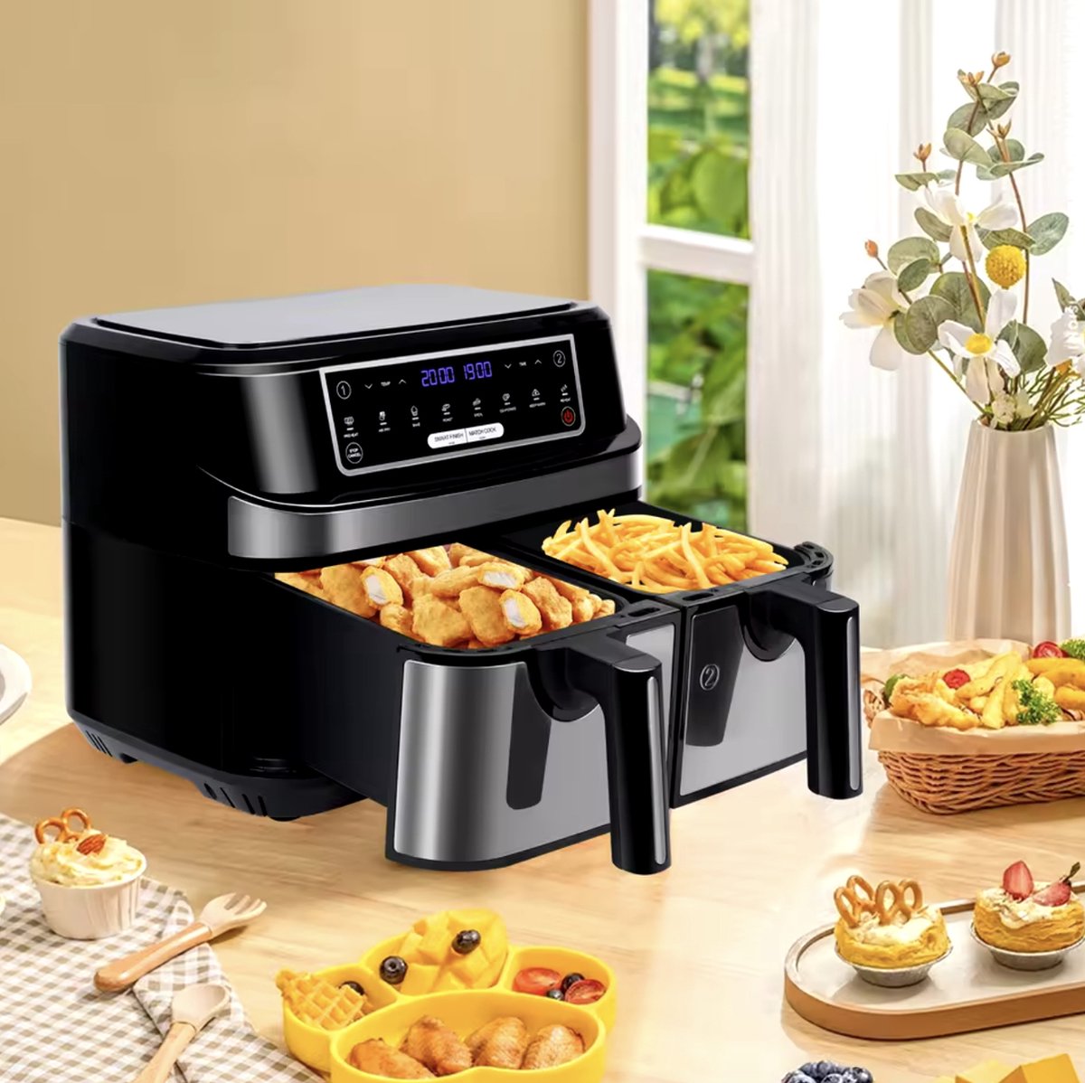 Airfryer - Double Airfryer - Large airfryer - Hot air oven - Hot air fryer - XL Airfryer - 9L - 2 Drawers - Black