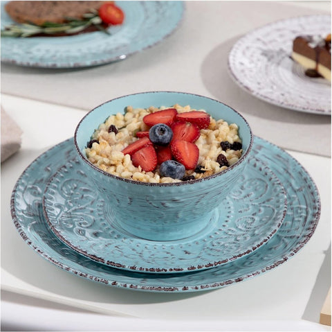 Luxe Serviesset- 32 delig – 8 persoons – Porselein - Bordenset – Dinner platen – Dessertborden - Kommen - Mokken - Wit & Blauw