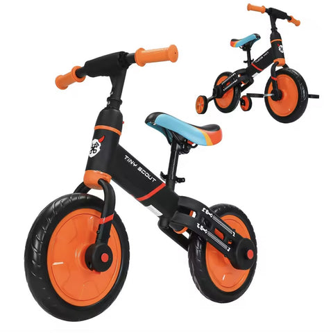 Loopfiets - Kinderfiets - Kleuterfiets - Peuterfiets - 4in1 kinderfiets - Afneembare trappers - Afneembare zijwieltjes - Verstelbaar zadel - Oranje - Zwart