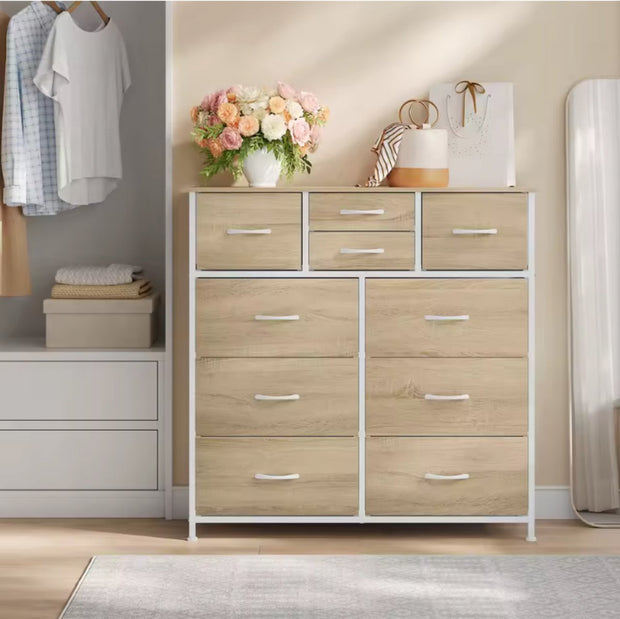 Ladekast met 8 Lades - Metalen Frame & Houten Top - Light Oak - Voor Slaapkamer, Woonkamer of Hal - Zijplank & Verstelbare Voetjes - Stabiel & Ruimtebesparend - 100x100x30 cm