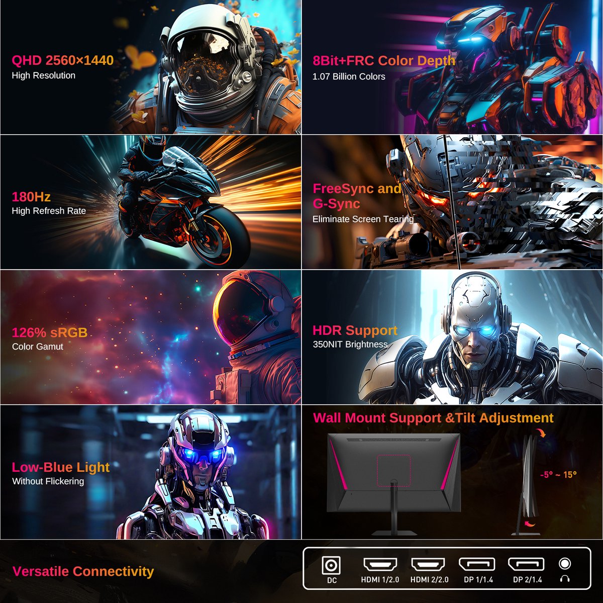 Gamingmonitor - 24-inch 2560*1440 16:9 snel IPS-scherm - 180 Hz - FreeSync en G-Sync - 126% sRGB - HDR-ondersteuningweinig blauw licht - ondersteuning voor wandmontage en kantelaanpassing - 2 x HDMI2.0 - 2 x DP1.4 - 1 x koptelefoonaansluiting - QUORE