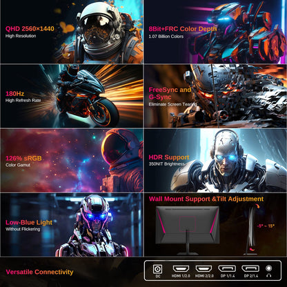 Gamingmonitor - 24-inch 2560*1440 16:9 snel IPS-scherm - 180 Hz - FreeSync en G-Sync - 126% sRGB - HDR-ondersteuningweinig blauw licht - ondersteuning voor wandmontage en kantelaanpassing - 2 x HDMI2.0 - 2 x DP1.4 - 1 x koptelefoonaansluiting - QUORE