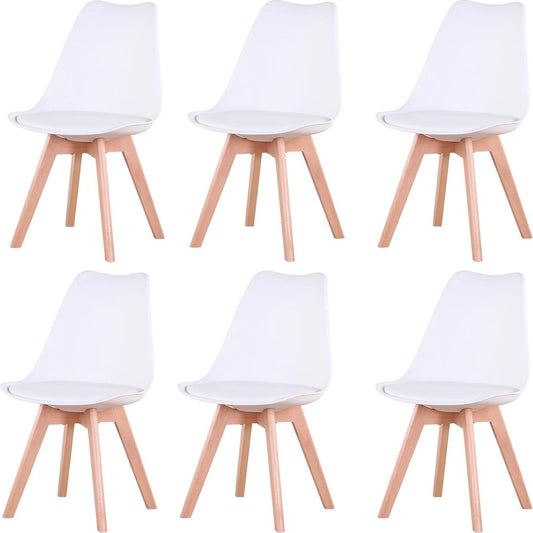 Set van 6 Eetkamerstoelen – Gestoffeerde Stoelen met Beukenhouten Poten – Stijlvolle Bureaustoelen voor Eetkamer, Slaapkamer, Balkon of Restaurant- Wit