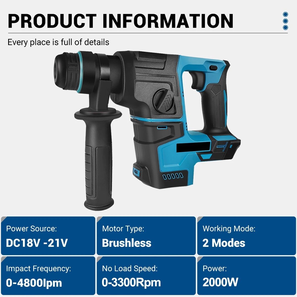 Impact Drill - Hammer Drill - Drill With Impact Function - Chisel Hammer - 2 Options - With Handle - Brushless - For 18V / 21V Battery - Blue