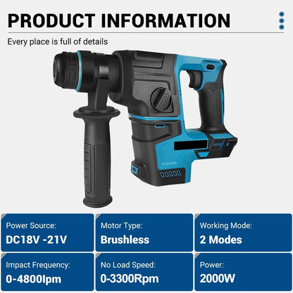 Impact Drill - Hammer Drill - Drill With Impact Function - Chisel Hammer - 2 Options - With Handle - Brushless - For 18V / 21V Battery - Blue