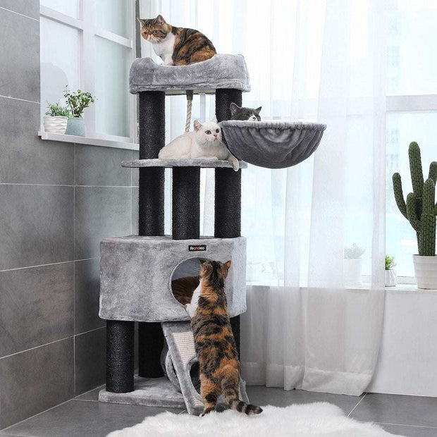 XXL Luxe Stevige Katten Krabpaal - Stevig Krabmeubel met Hangmat, Kattenhuis - Tunnel en Speeltouw - Grote Krabpaal Klimpaal - 141 cm Hoog - Grijs/Zwart