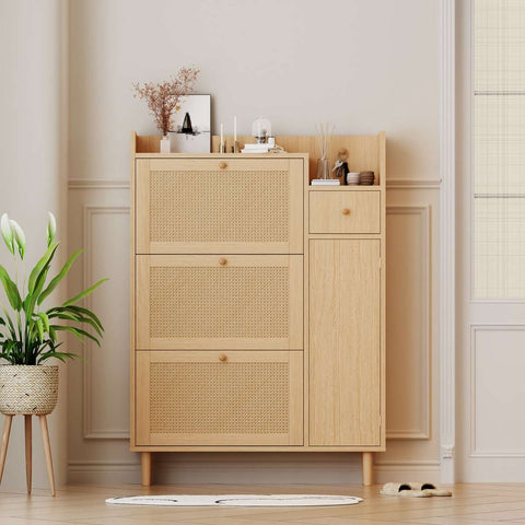 Houten Rotan Schoenenkast - Schoenenkast met 3 Schuine Deuren en 1 Lade - Massief Houten Poten en Handgrepen - Voor Smalle Ingangen - 90 x 125 x 17 cm