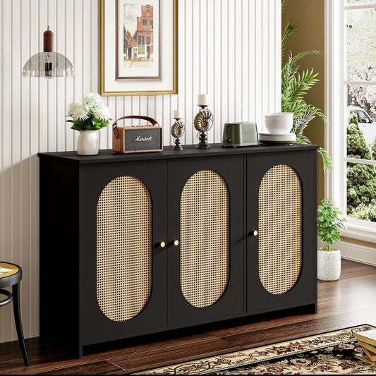 Gutent Dressoir, Zwart, met 3 deuren, Veel Opbergruimte, Kunstrotan Deuren en metalen handgrepen, is een accentstuk in de eetkamer, woonkamer en keuken.