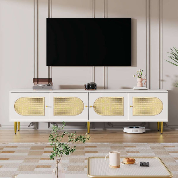 Wit Rattan - TV Cabinet - 180x40x50cm - 4 Rattan-Deuren - Verstelbare Planken - en Kabelbeheer voor Televisies tot 80 inch - Tv-Kast - Lowboards