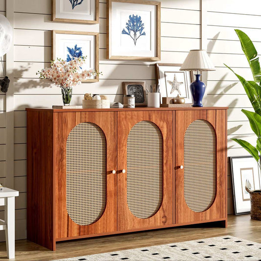 Gutent Dressoir, Walnoot, met 3 deuren, Veel Opbergruimte, Kunstrotan Deuren en metalen handgrepen, is een accentstuk in de eetkamer, woonkamer en keuken.