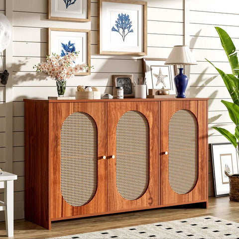 Gutent Dressoir, Walnoot, met 3 deuren, Veel Opbergruimte, Kunstrotan Deuren en metalen handgrepen, is een accentstuk in de eetkamer, woonkamer en keuken.