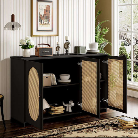 Gutent Dressoir, Zwart, met 3 deuren, Veel Opbergruimte, Kunstrotan Deuren en metalen handgrepen, is een accentstuk in de eetkamer, woonkamer en keuken.