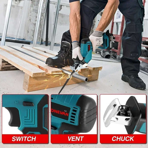 Reciprozaag - Recipro Zaag - Elektrische Recipro Zaag - Met Opbergkoffer - Inclusief: 2x Accu, Oplader & 4x Zaag - Lock/Switch - Makkelijk Verwisselbaar -Blauw