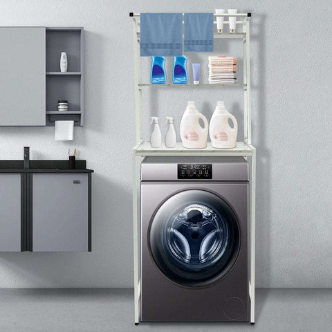 3-Lagen Wasmachine en Droger Opbergplank - Badkamer Organizer - Opbergrek - Wasruimte Rek - Ruimtebesparend Rek - Duurzaam MDF en IJzer - Hoog Draagvermogen - 3 Kleuren Beschikbaar - Makkelijk te Monteren
