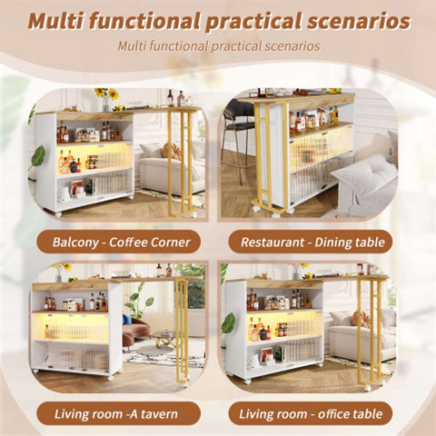 Uitschuifbare Bartafel met Opbergruimte - Moderne Verplaatsbare Bartafel - Telescopische Bartafel met LED - Bartafel - Bistrotafel - Hoge Tafel - Kookeiland - Bistrotafel - (138-204×39×105cm) - Wit & Goud