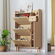 Houten Rotan Schoenenkast - Schoenenkast met 3 Schuine Deuren en 1 Lade - Massief Houten Poten en Handgrepen - Voor Smalle Ingangen - 90 x 125 x 17 cm