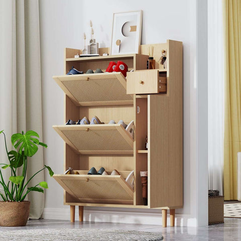 Houten Rotan Schoenenkast - Schoenenkast met 3 Schuine Deuren en 1 Lade - Massief Houten Poten en Handgrepen - Voor Smalle Ingangen - 90 x 125 x 17 cm
