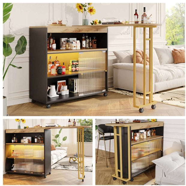 Uitschuifbare Bartafel met Opbergruimte - Moderne Verplaatsbare Bartafel - Telescopische Bartafel met LED - Bartafel - Bistrotafel - Hoge Tafel - Kookeiland - Bistrotafel - (138-204×39×105cm) - Zwart & Goud