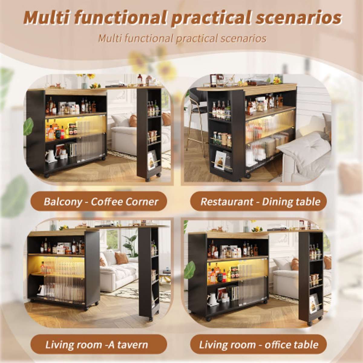 Uitschuifbare Bartafel met Opbergruimte - Moderne Verplaatsbare Bartafel - Telescopische Bartafel met LED - Bartafel - Bistrotafel - Hoge Tafel - Kookeiland - Bistrotafel - (138-204×39×105cm) - Zwart