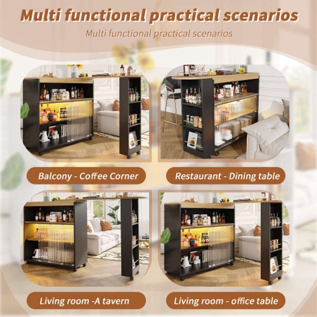 Uitschuifbare Bartafel met Opbergruimte - Moderne Verplaatsbare Bartafel - Telescopische Bartafel met LED - Bartafel - Bistrotafel - Hoge Tafel - Kookeiland - Bistrotafel - (138-204×39×105cm) - Zwart