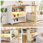 Uitschuifbare Bartafel met Opbergruimte - Moderne Verplaatsbare Bartafel - Telescopische Bartafel met LED - Bartafel - Bistrotafel - Hoge Tafel - Kookeiland - Bistrotafel - (138-204×39×105cm) - Wit & Goud