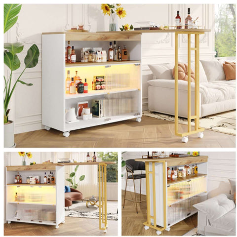 Uitschuifbare Bartafel met Opbergruimte - Moderne Verplaatsbare Bartafel - Telescopische Bartafel met LED - Bartafel - Bistrotafel - Hoge Tafel - Kookeiland - Bistrotafel - (138-204×39×105cm) - Wit & Goud