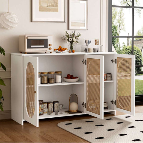 Gutent Sideboard, White, with 3 Doors, Lots of Storage Space, Artificial Rattan Doors and Metal Handles, is an accent piece in the dining room, living room and kitchen.