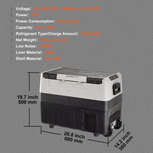 Mini Koelkast 45L - Auto Koelkast - Camping Koelkast - 2-in-1 Dubbele Zone - 100/240V / 12V Auto Stekker - Grijs