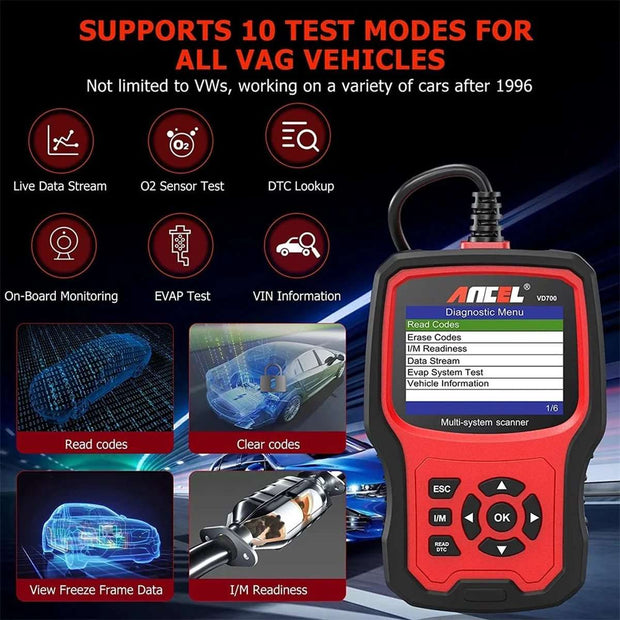 OBD2 Scanner - Diagnosecomputer - Diagnose Auto - Storing Verwijderen - Uitleesapparatuur Auto - Volledige systeemcodelezer ABS EPB TPMS DPF - Zwart