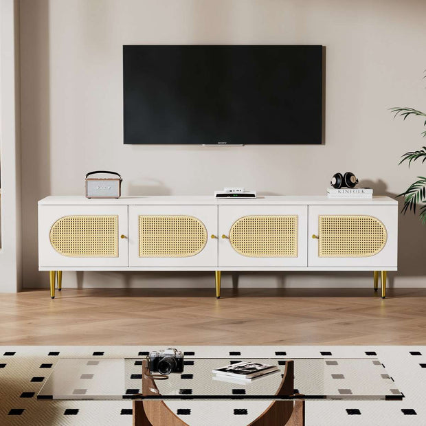 Wit Rattan - TV Cabinet - 180x40x50cm - 4 Rattan-Deuren - Verstelbare Planken - en Kabelbeheer voor Televisies tot 80 inch - Tv-Kast - Lowboards