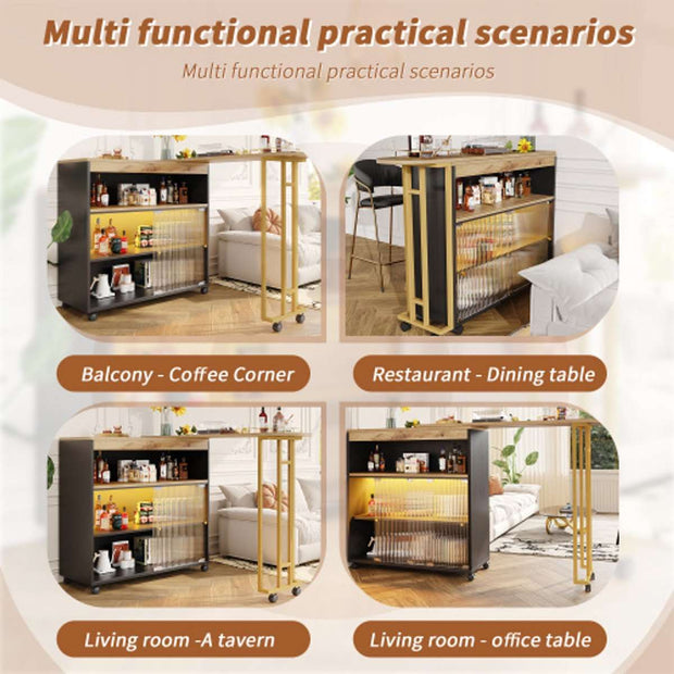 Uitschuifbare Bartafel met Opbergruimte - Moderne Verplaatsbare Bartafel - Telescopische Bartafel met LED - Bartafel - Bistrotafel - Hoge Tafel - Kookeiland - Bistrotafel - (138-204×39×105cm) - Zwart & Goud