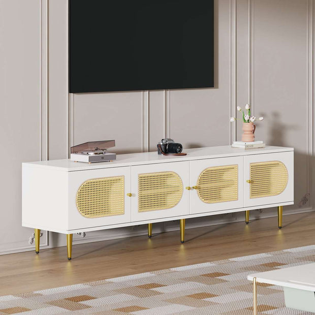 Wit Rattan - TV Cabinet - 180x40x50cm - 4 Rattan-Deuren - Verstelbare Planken - en Kabelbeheer voor Televisies tot 80 inch - Tv-Kast - Lowboards