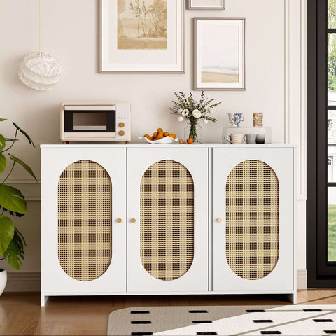 Gutent Sideboard, White, with 3 Doors, Lots of Storage Space, Artificial Rattan Doors and Metal Handles, is an accent piece in the dining room, living room and kitchen.