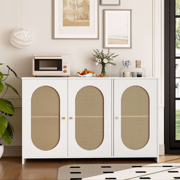 Gutent Sideboard, White, with 3 Doors, Lots of Storage Space, Artificial Rattan Doors and Metal Handles, is an accent piece in the dining room, living room and kitchen.