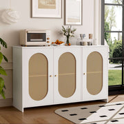 Gutent Sideboard, White, with 3 Doors, Lots of Storage Space, Artificial Rattan Doors and Metal Handles, is an accent piece in the dining room, living room and kitchen.