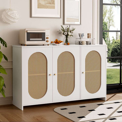 Gutent Sideboard, White, with 3 Doors, Lots of Storage Space, Artificial Rattan Doors and Metal Handles, is an accent piece in the dining room, living room and kitchen.