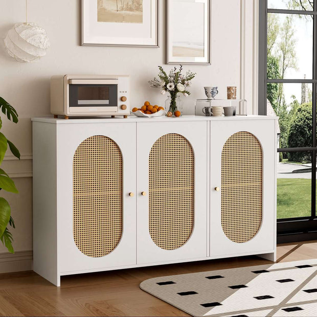 Gutent Sideboard, White, with 3 Doors, Lots of Storage Space, Artificial Rattan Doors and Metal Handles, is an accent piece in the dining room, living room and kitchen.