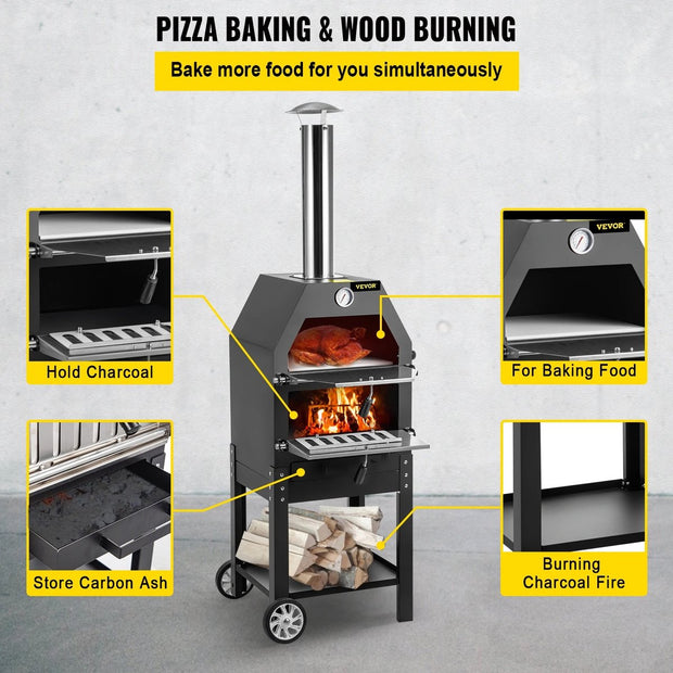 BBQ - Pizza oven - 2-in-1 - Houtoven - Pizzasteen - Houtskool BBQ - 45.8x46.4x141.8 cm