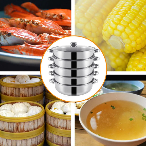 Professionele Stoompan - 5 lagen - Stoomkoker - Ø30cm - Topkwaliteit - RVS - Glazen deksel - Inductie Gas Elektrisch